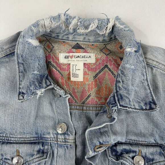 H&M x Coachella Official Collection Denim Blue Jean Jacket Distressed L/S Sz 8 - Picture 4 of 8